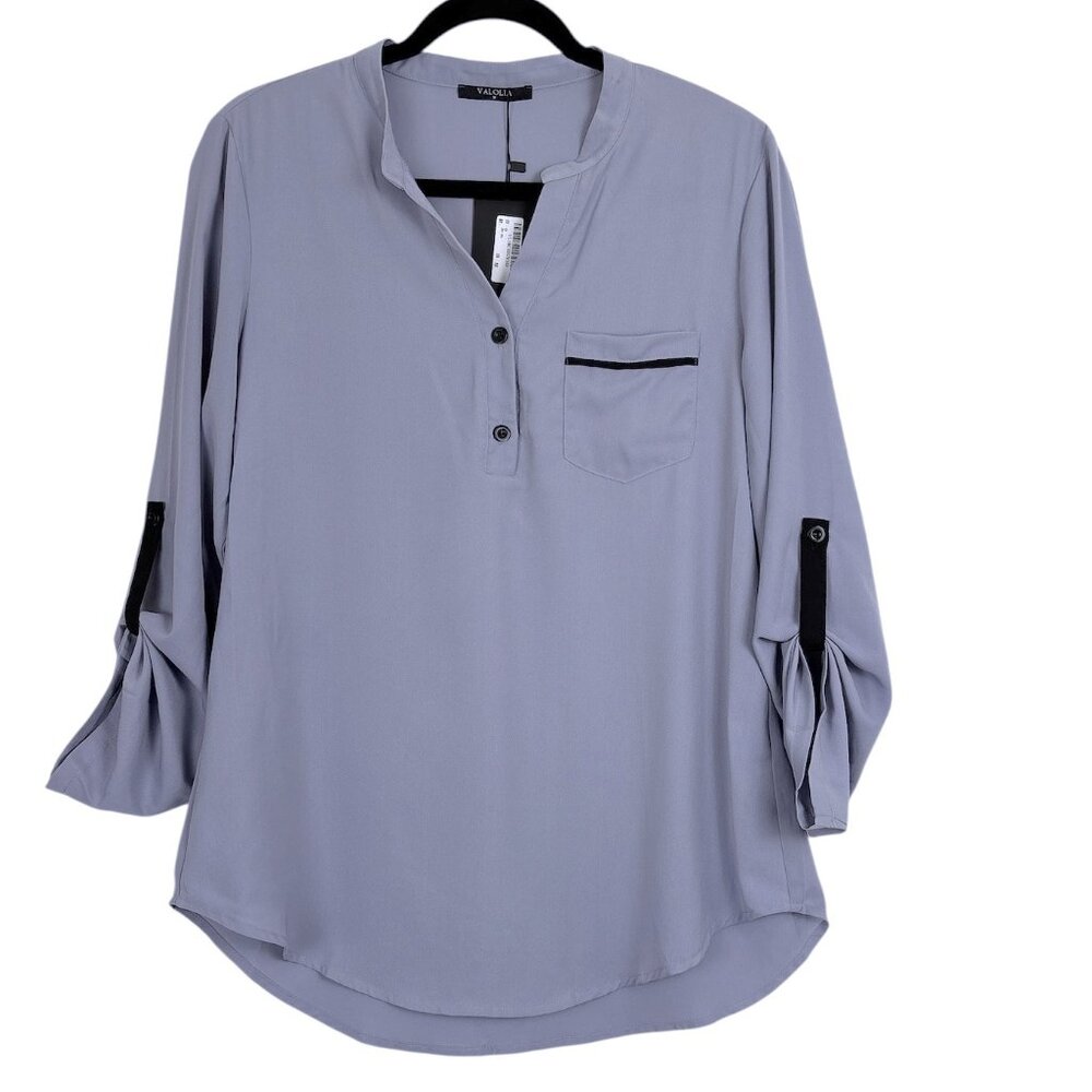 NWT Valolia Blouse Women’s Medium‎ Lavender/Gray Roll Tab Sleeve Pocket Shirt